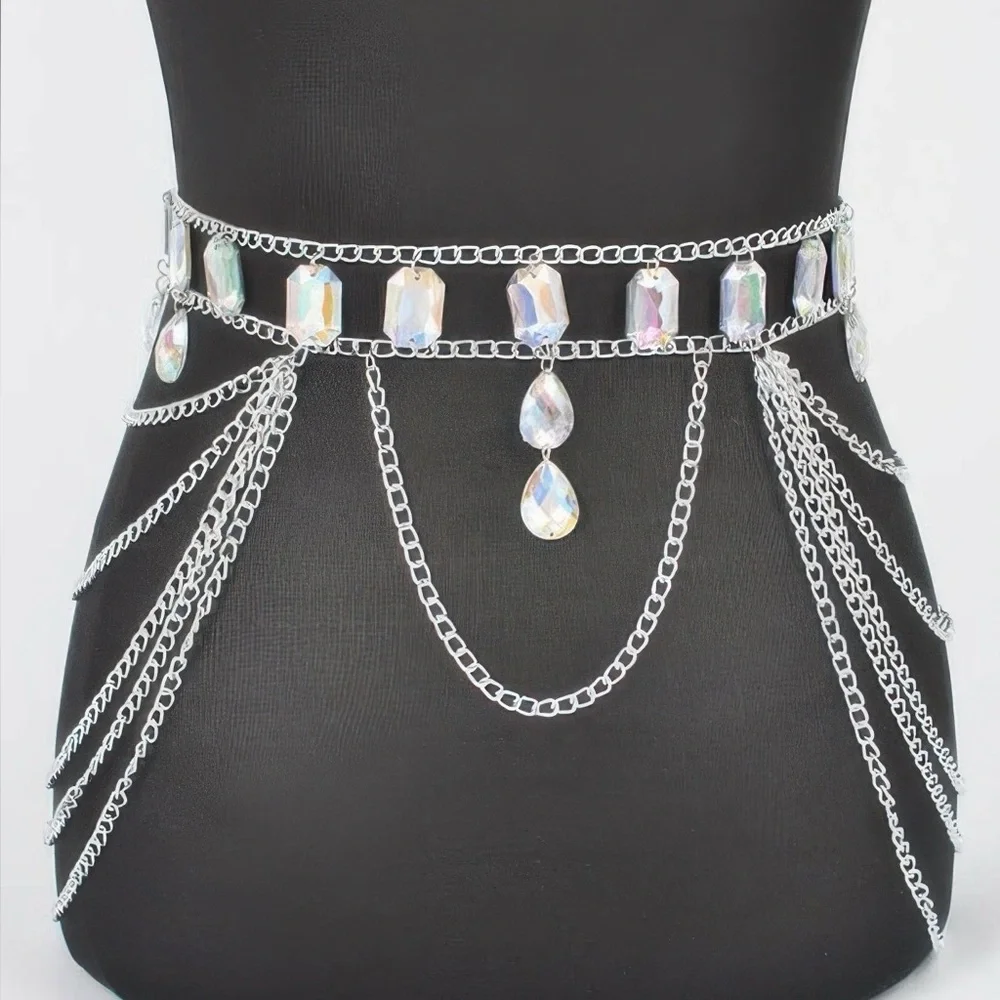 Metal Layered Chain Belt W/acrylic Stone